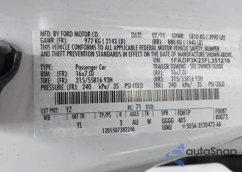 2015 Ford Focus Se z USA, uszkodzony, nr VIN 1FADP3K23FL351219